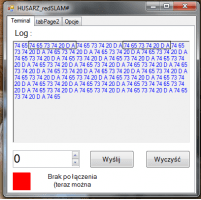 Terminal z widoczną ramką znaków wysyłanych z robota : "test \r\n" = 74 65 73 74 20 D A w HEX